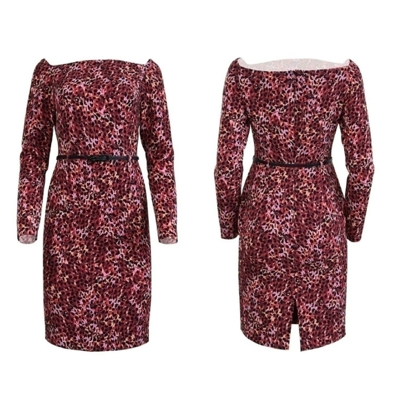 Black Halo Leopard Print Long Sleeve Belted Sheath Dress in Black & Pink - Picture 2 of 11